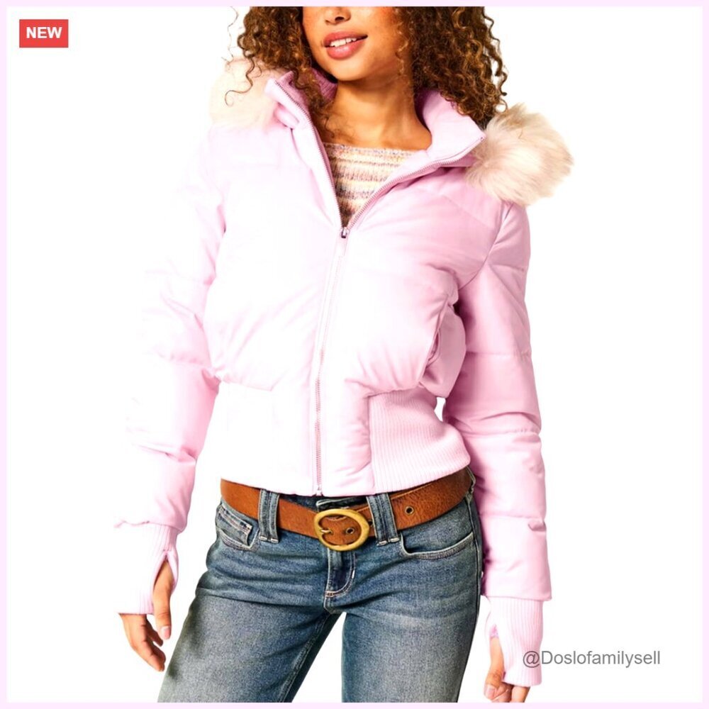 Faux Fur Trim Hooded Quilted Puffer Bomber Jacket Winter Warm Cropped